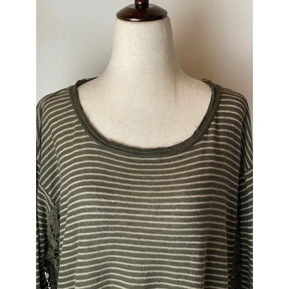 Free People Olive Green Stripe Crochet Sides Linen Blend Long Sleeve Top Size XS